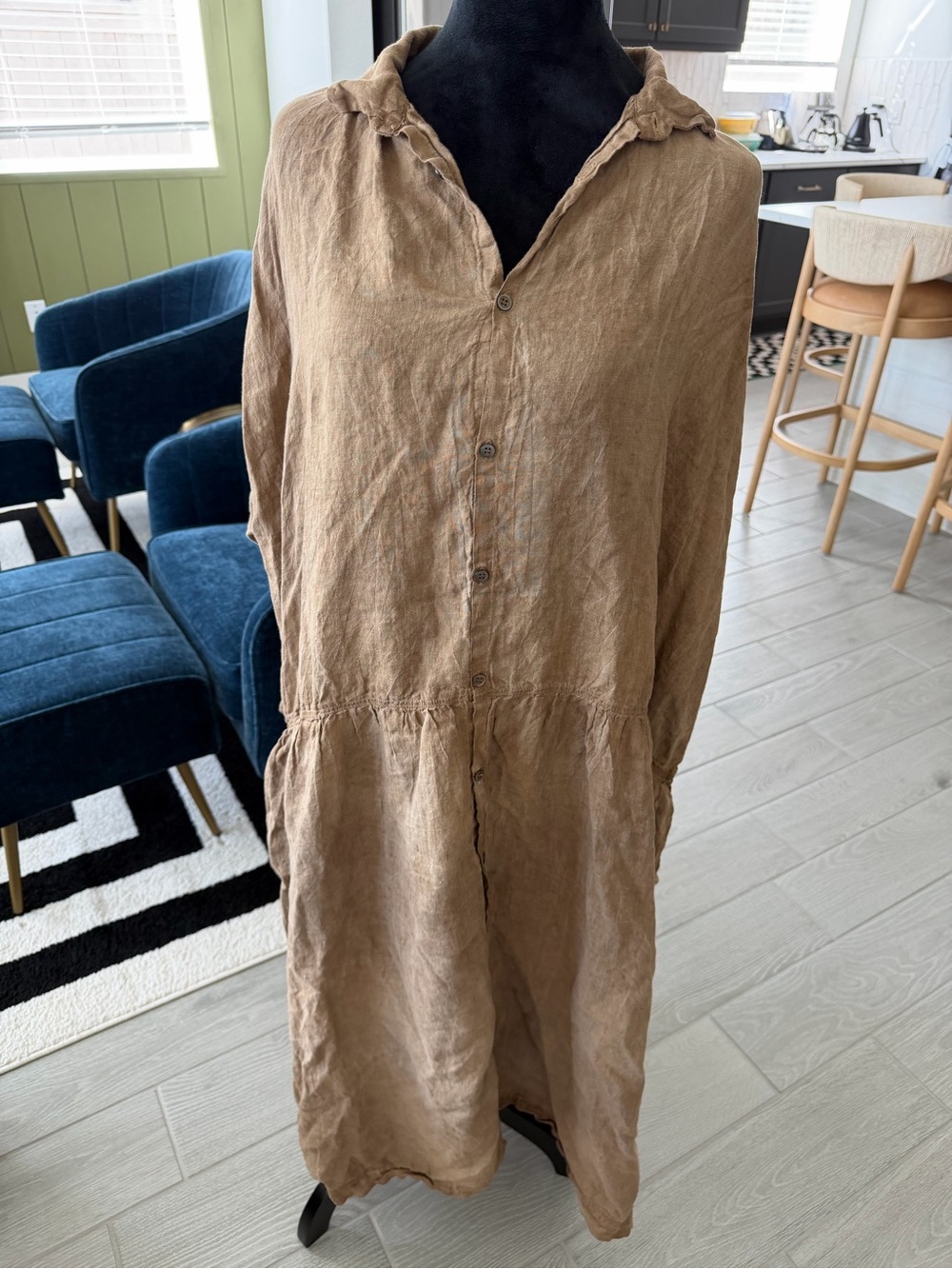 ICHI ANTIQUITES 100% Linen Japanese Hand Dyed Mottled Mocha Shirt Dress O/S